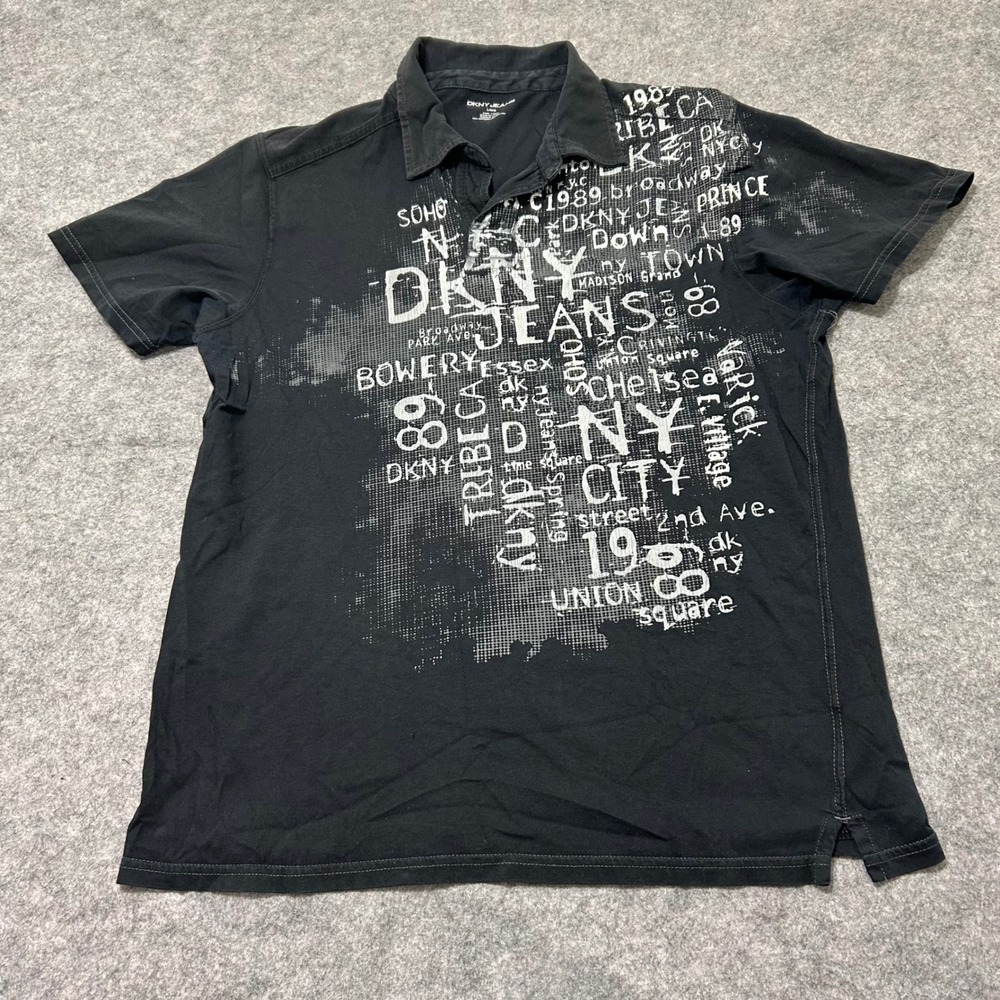 DKNY Jeans Polo Shirt Mens Large Black Y2K Graphic Print Short Sleeve Cotton